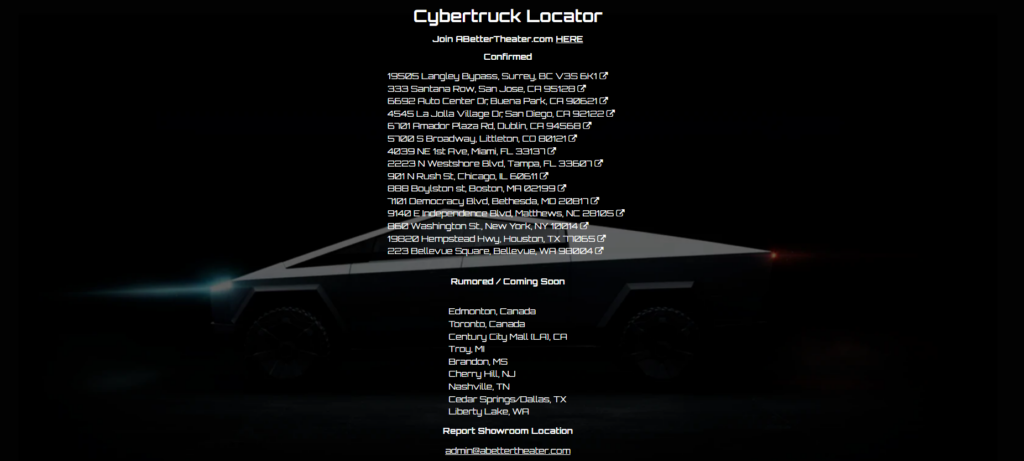 Tesla Cybertruck Locator - zoznam Tesla predajní, kde je možné ho vidiet